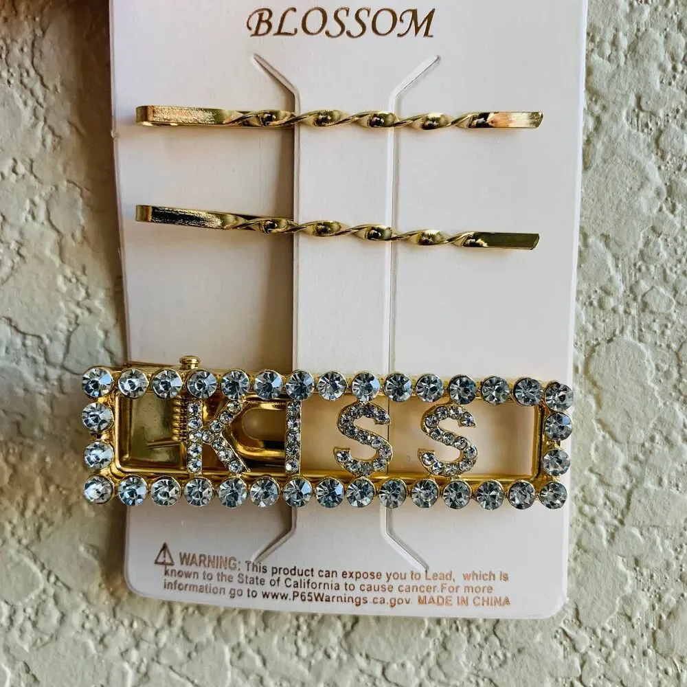 Hair clips fashion pins Rhinestone Gold Deco Hair Clips KISS set of 3 PCS baddie